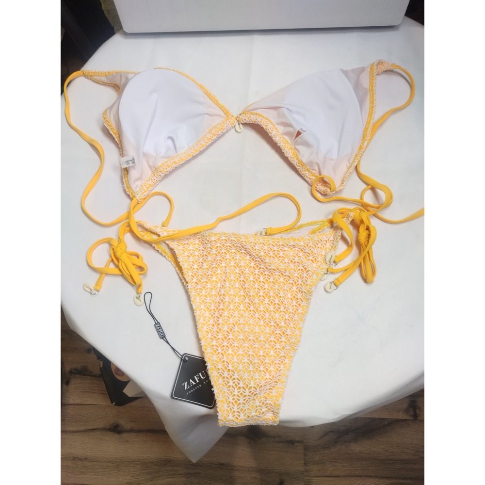 ZAFUL Womens Fishnet Triangle Tie Bikini Set Yellow White Lace XL ZFSW0470 - Picture 2 of 4